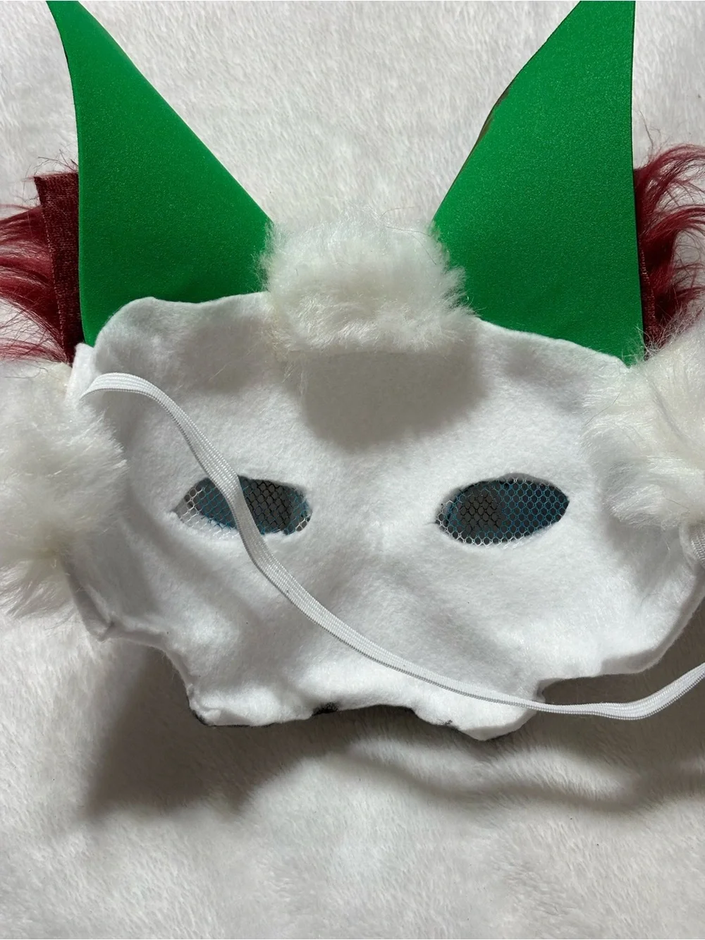White Faux Fur Therian Animal Costume Mask with Red and Brown Accents